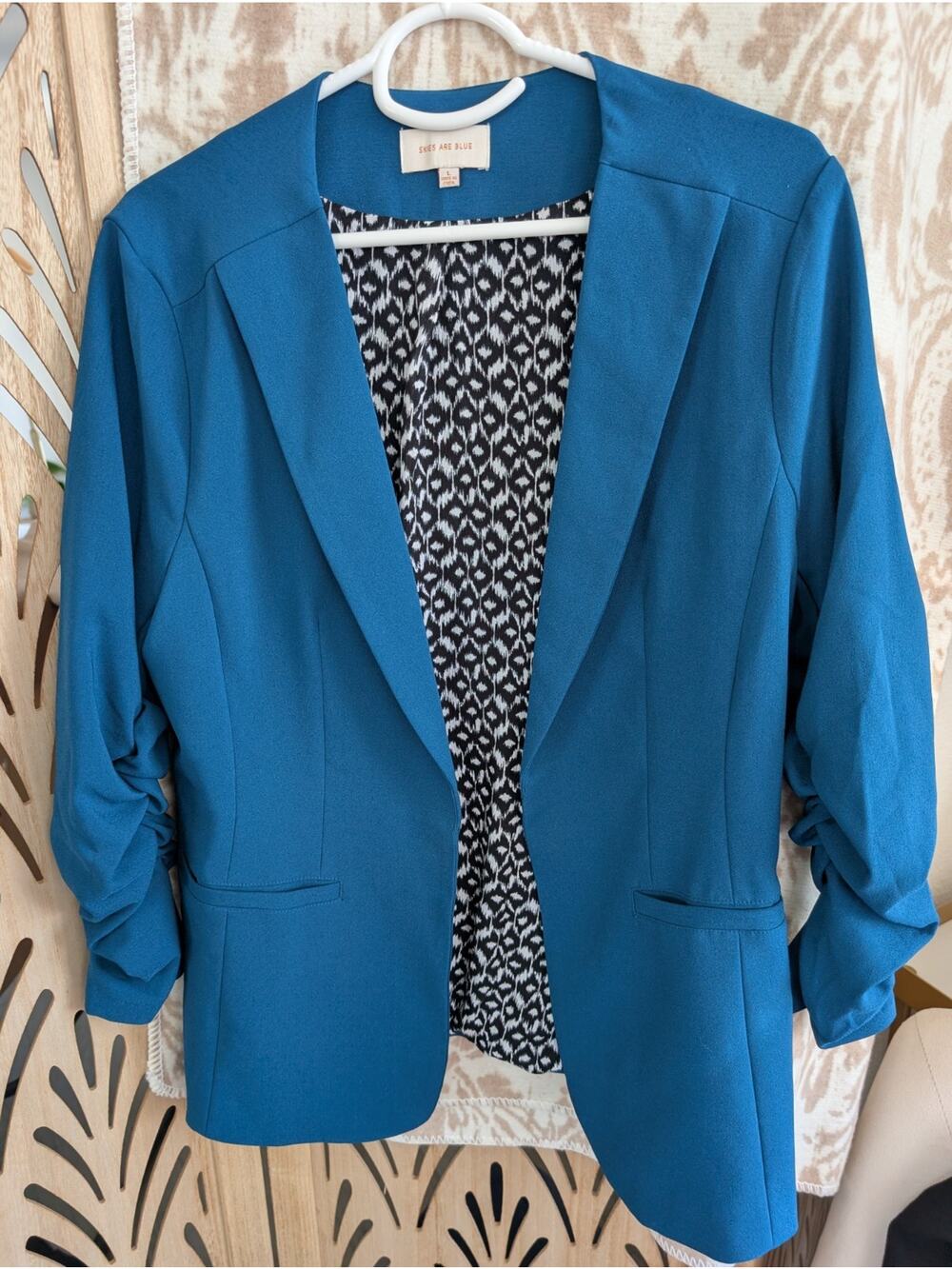 Skies Are Blue Raja Collarless Blazer Women's Sz L Blue Teal Ruched Sleeve Lined